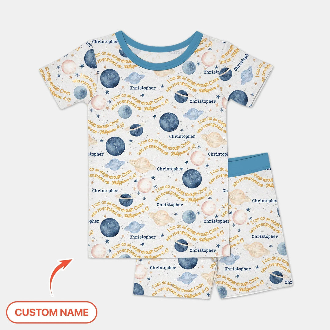 I Can Do All Things Through Christ Custom Name Two Piece Short Sleeve Shorts Pajama Set , I Can Do All Things Through Christ Custom Name Two Piece Short Sleeve Shorts Pajama Set - 12-18M
