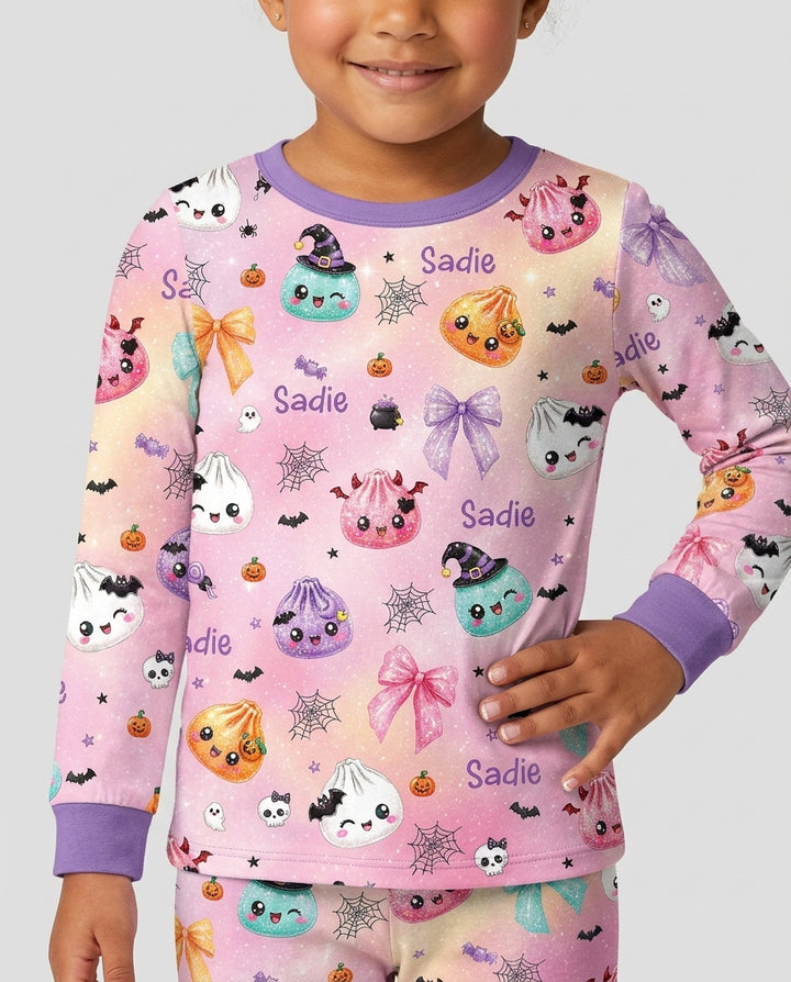 Custom Name Spooky Dumpling Bamboo Two Piece Long Sleeve Pajama Set