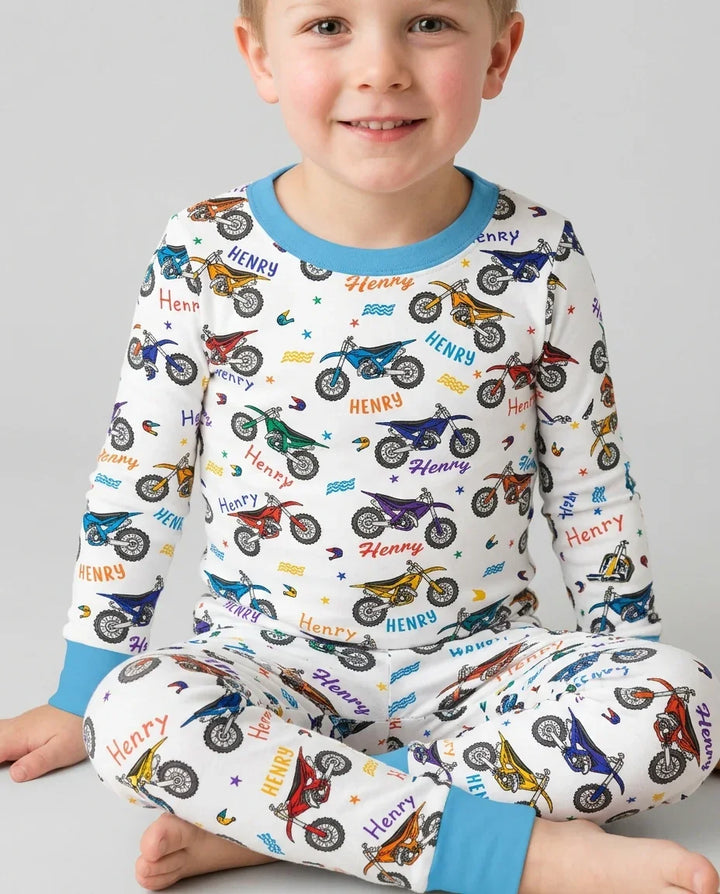 Dirt Track Dreamer Custom Name Daddy & Me Matching Bamboo Two Piece Long Sleeve Pajama Set