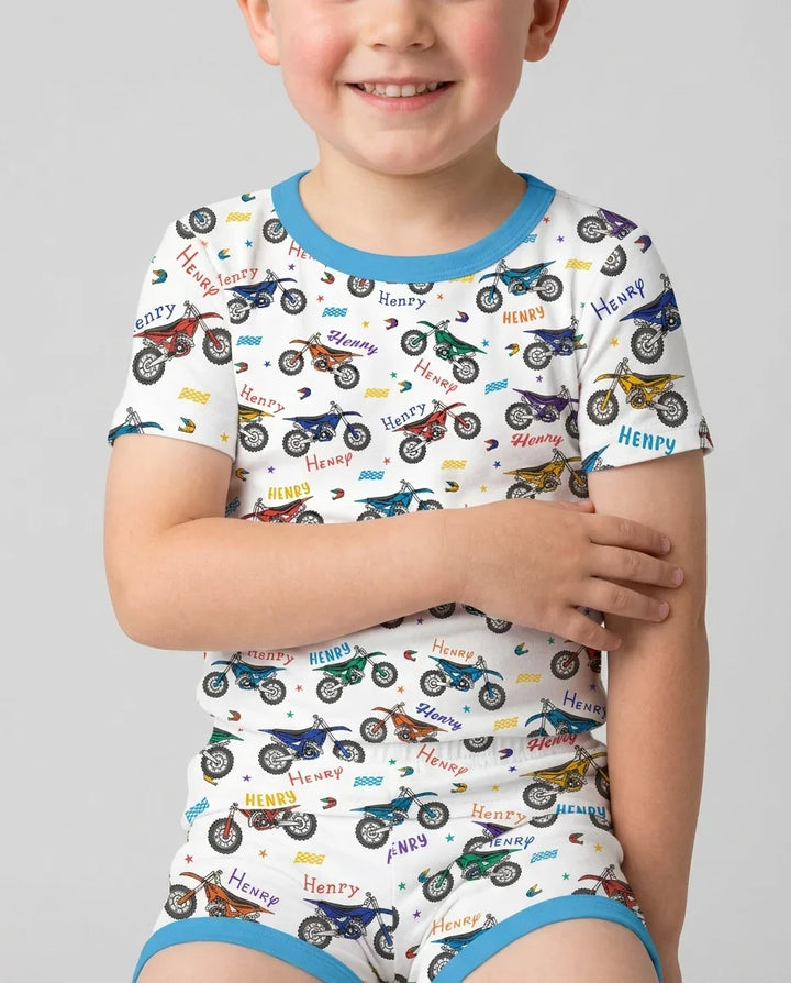 Dirt Track Dreamer Custom Name Daddy & Me Matching Bamboo Two Piece Short Sleeve Shorts Pajama Set