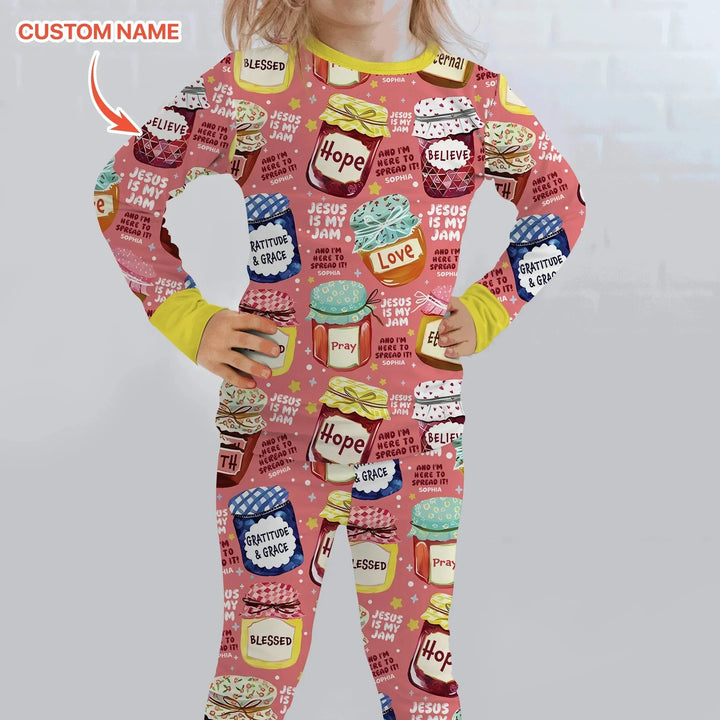 Jesus Is My Jam Custom Name Two Piece Long Sleeve Pajama Set , Jesus Is My Jam Custom Name Two Piece Long Sleeve Pajama Set - 12-18M