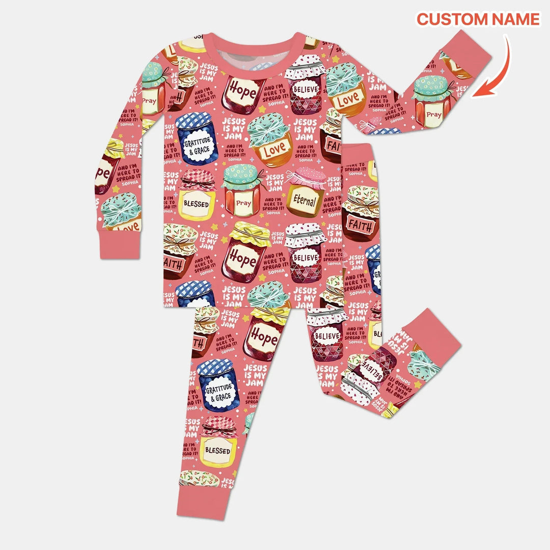 Jesus Is My Jam Custom Name Two Piece Long Sleeve Pajama Set , Jesus Is My Jam Custom Name Two Piece Long Sleeve Pajama Set - 12-18M