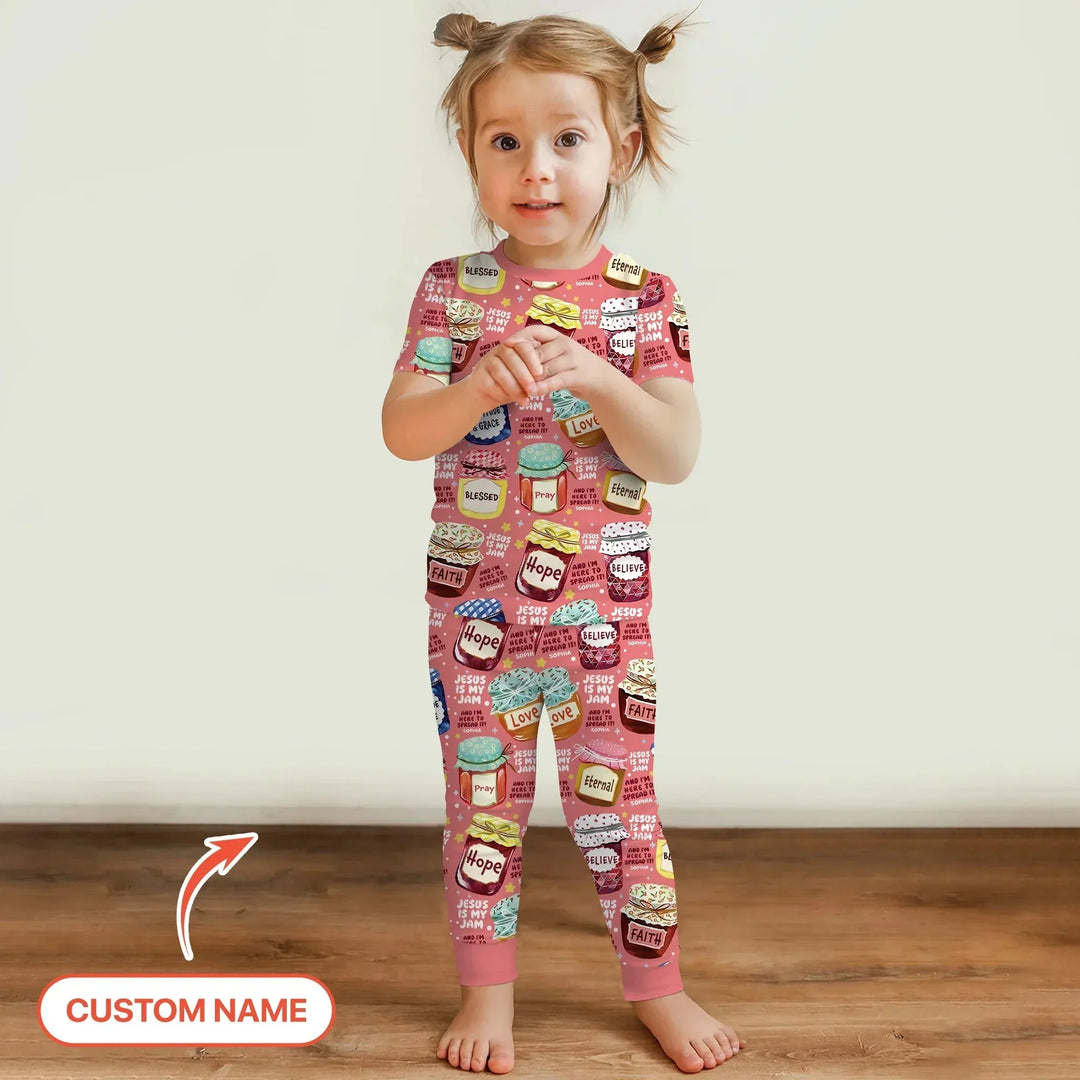 Jesus Is My Jam Custom Name Two Piece Short Sleeve Pajama Set , Jesus Is My Jam Custom Name Two Piece Short Sleeve Pajama Set - 12-18M