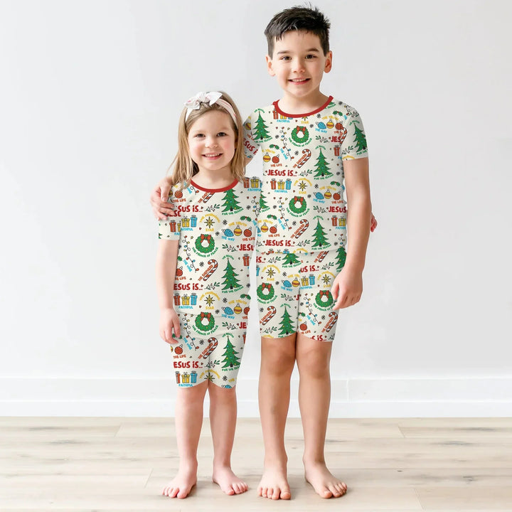 Jesus Is The Reason For The Season Two Piece Short Sleeve Shorts Pajama Set , Jesus Is The Reason For The Season Two Piece Short Sleeve Shorts Pajama Set - 12-18M