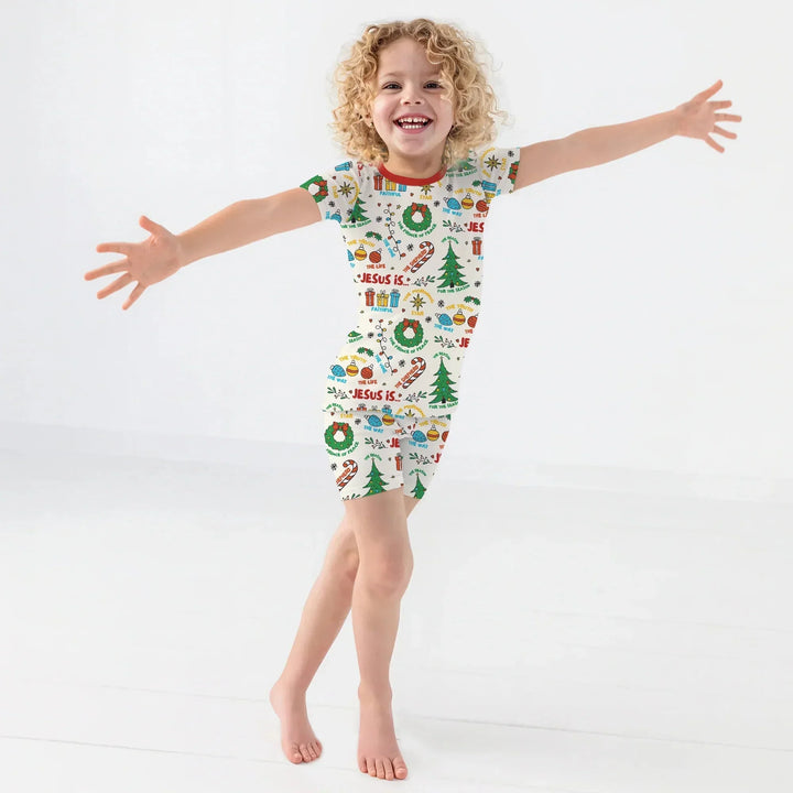 Jesus Is The Reason For The Season Two Piece Short Sleeve Shorts Pajama Set , Jesus Is The Reason For The Season Two Piece Short Sleeve Shorts Pajama Set - 12-18M