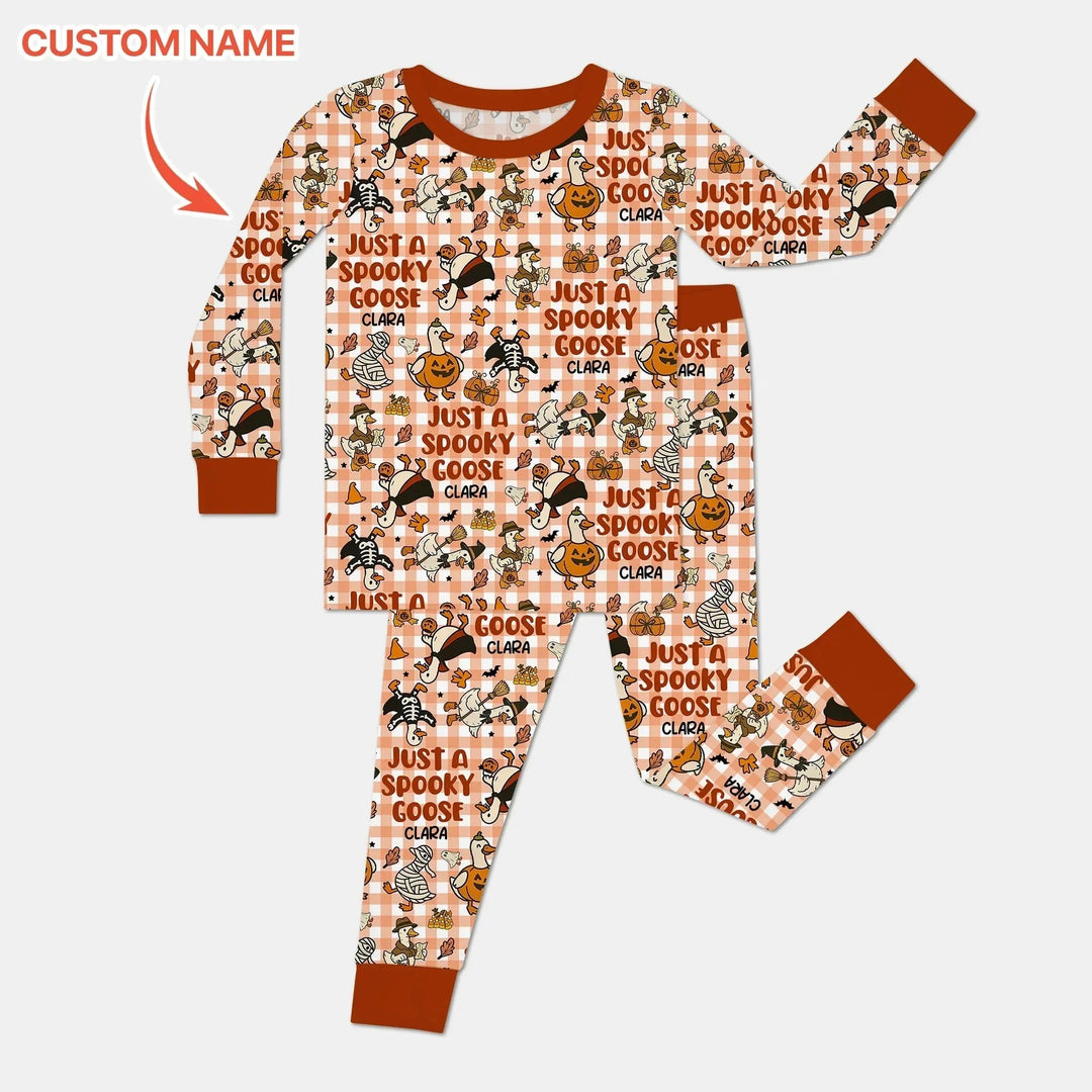 Just A Spooky Goose Custom Name Girl Version Long Sleeve Pajama Set , Just A Spooky Goose Custom Name Girl Version Long Sleeve Pajama Set - 12-18M