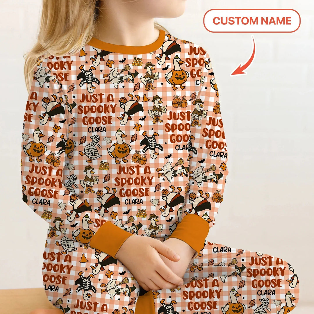 Just A Spooky Goose Custom Name Girl Version Long Sleeve Pajama Set , Just A Spooky Goose Custom Name Girl Version Long Sleeve Pajama Set - 12-18M