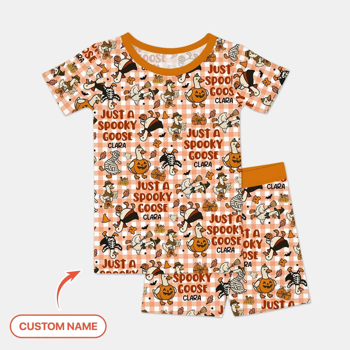Just A Spooky Goose Custom Name Girl Version Short Sleeve Shorts Pajama Set , Just A Spooky Goose Custom Name Girl Version Short Sleeve Shorts Pajama Set - 12-18M