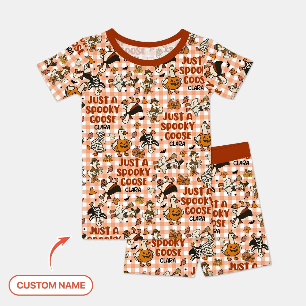 Just A Spooky Goose Custom Name Girl Version Short Sleeve Shorts Pajama Set , Just A Spooky Goose Custom Name Girl Version Short Sleeve Shorts Pajama Set - 12-18M