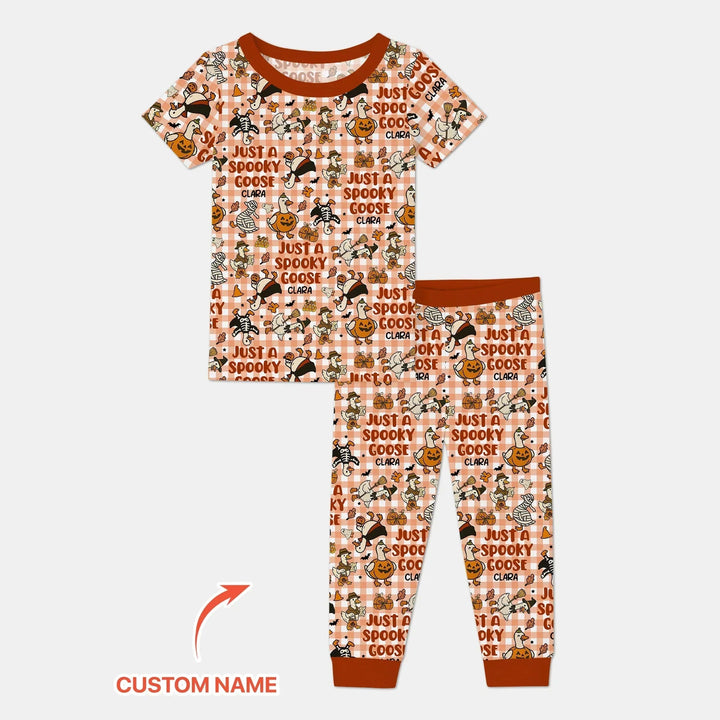 Just A Spooky Goose Custom Name Girl Version Two Piece Short Sleeve Pajama Set , Just A Spooky Goose Custom Name Girl Version Two Piece Short Sleeve Pajama Set - 12-18M