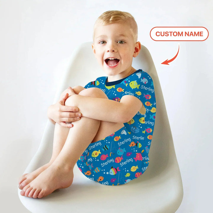 Little Fisher’s Adventure Custom Name Two Piece Short Sleeve Shorts Pajama Set , Little Fisher’s Adventure Custom Name Two Piece Short Sleeve Shorts Pajama Set - 12-18M