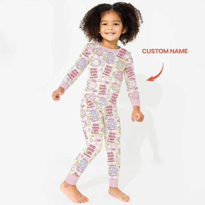 Little Lamb God Says I Am Custom Name Long Sleeve Pajama Set , Little Lamb God Says I Am Custom Name Long Sleeve Pajama Set - 12-18M
