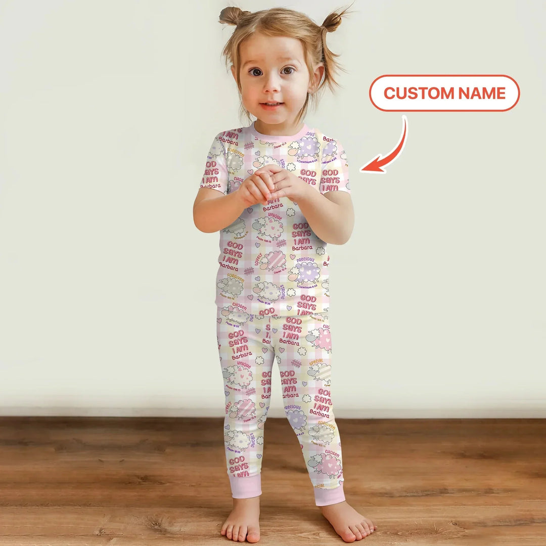 Little Lamb God Says I Am Custom Name Short Sleeve Pajama Set , Little Lamb God Says I Am Custom Name Short Sleeve Pajama Set - 12-18M