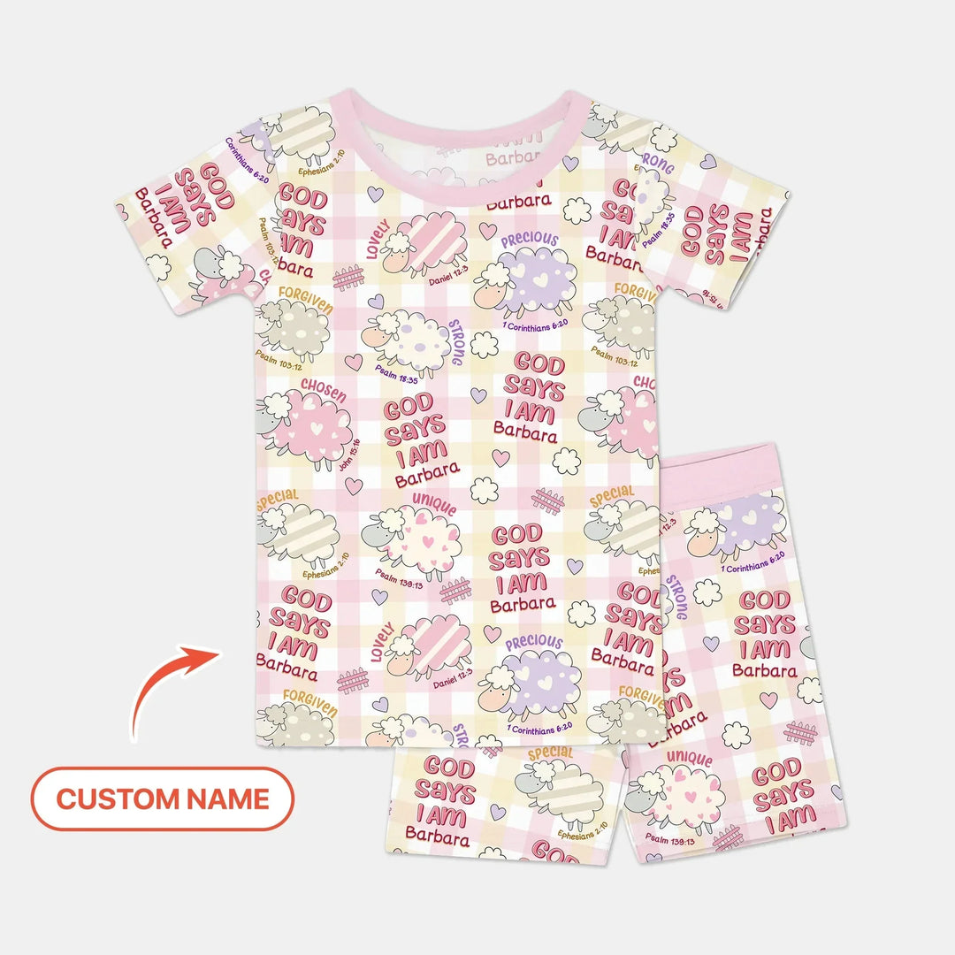Little Lamb God Says I Am Custom Name Short Sleeve Shorts Pajama Set , Little Lamb God Says I Am Custom Name Short Sleeve Shorts Pajama Set - 12-18M