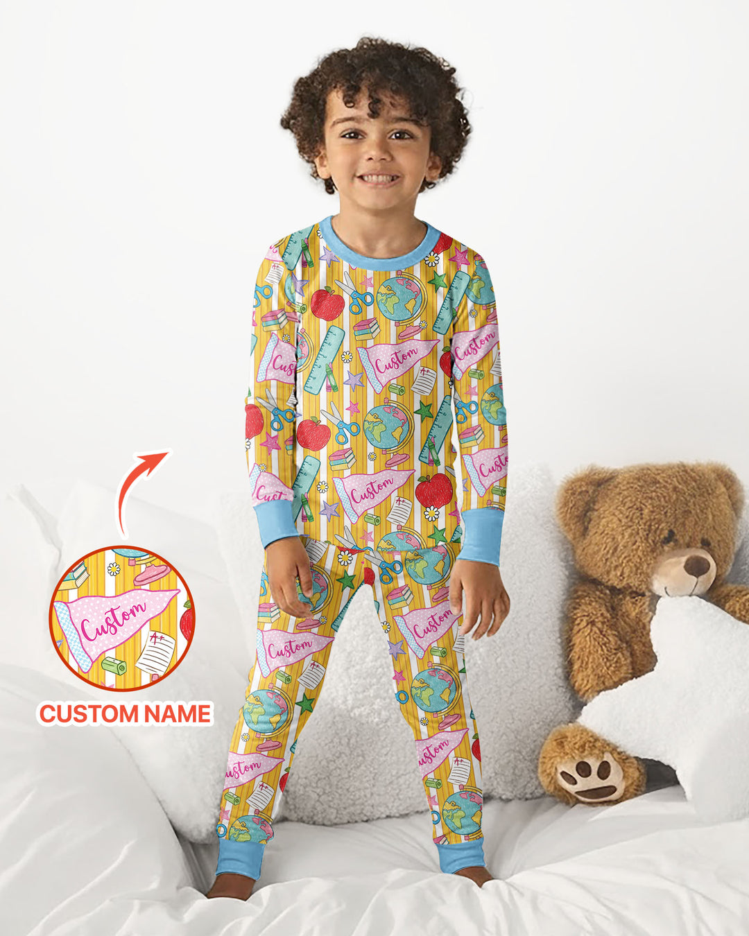Custom Back To School Pennant Bamboo Two Piece Long Sleeve Pajama Set