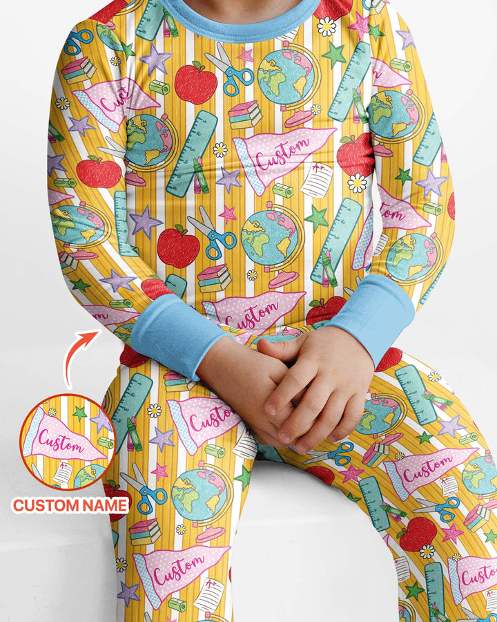 Custom Back To School Pennant Bamboo Two Piece Long Sleeve Pajama Set