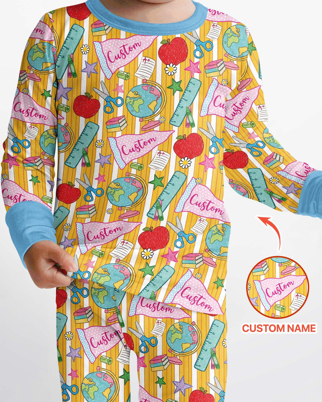 Custom Back To School Pennant Bamboo Two Piece Long Sleeve Pajama Set