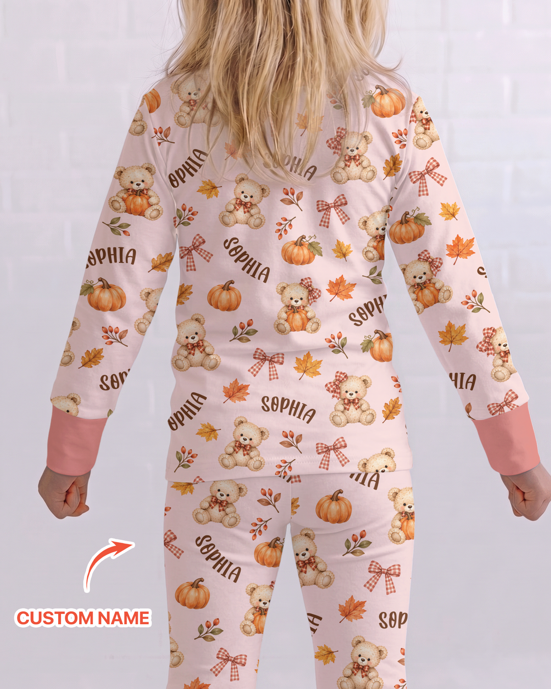 Fall Gingham Bow Teddy Bear Bamboo Two Piece Long Sleeve Pajama Set