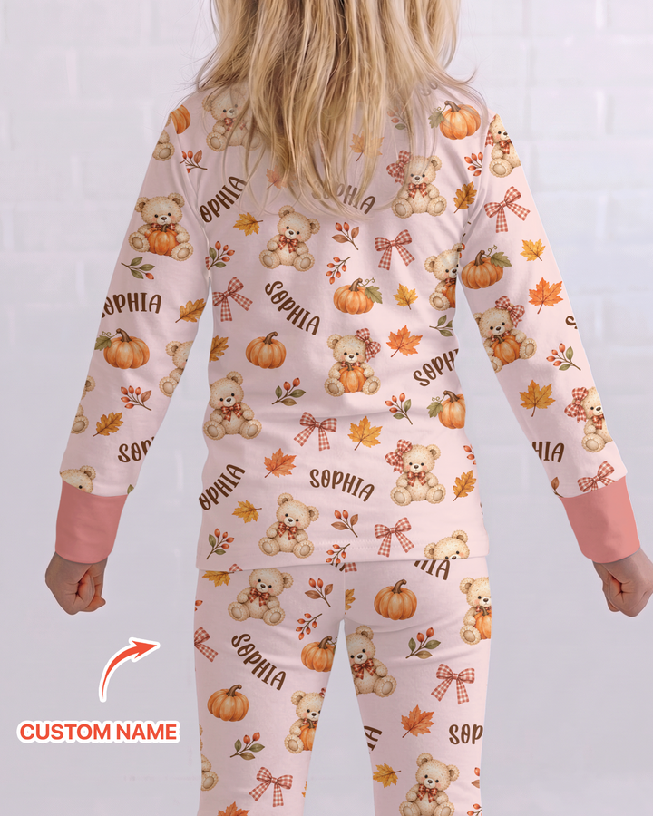 Fall Gingham Bow Teddy Bear Bamboo Two Piece Long Sleeve Pajama Set