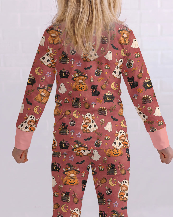Vintage Highland Cow Halloween Bamboo Two Piece Long Sleeve Pajama Set