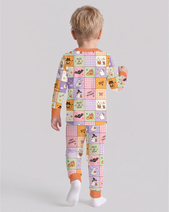Cute Halloween Trick Or Treat Patchwork Bamboo Two Piece Long Sleeve Pajama Set