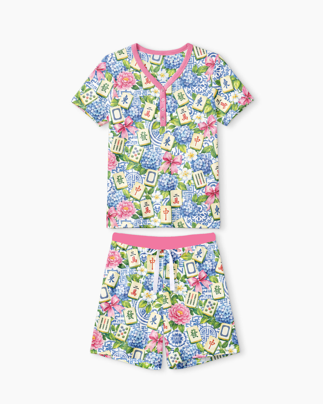 Mahjong in Bloom Bamboo Women Short Sleeve Short Pajama Set
