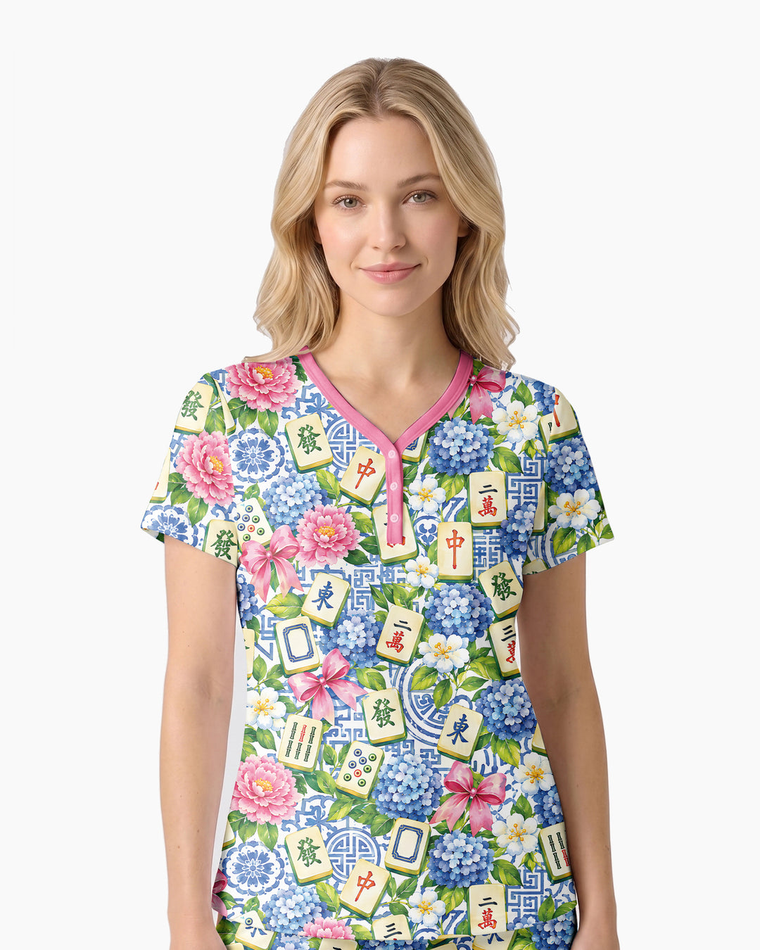 Mahjong in Bloom Bamboo Women Short Sleeve Short Pajama Set