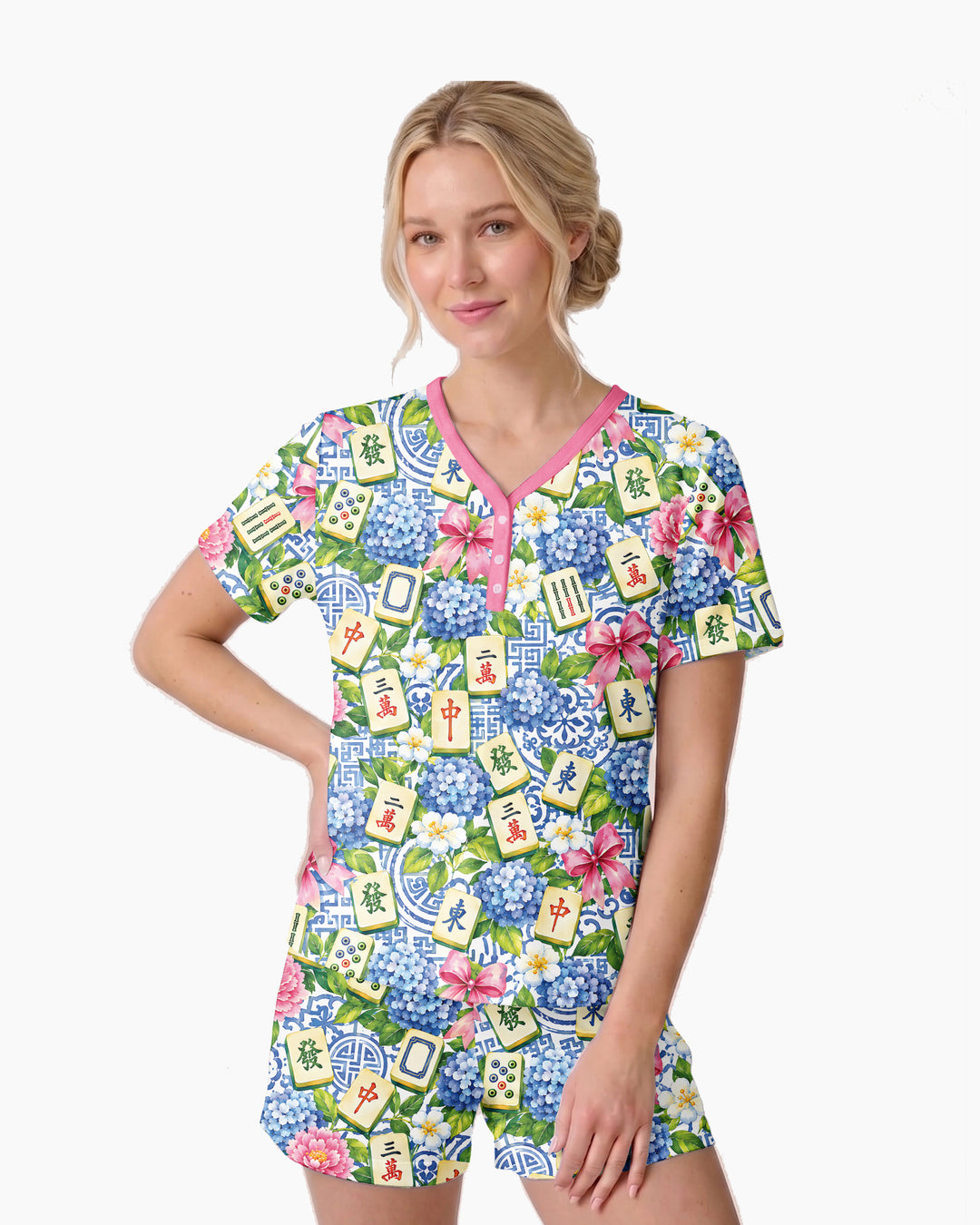Mahjong in Bloom Bamboo Women Short Sleeve Short Pajama Set