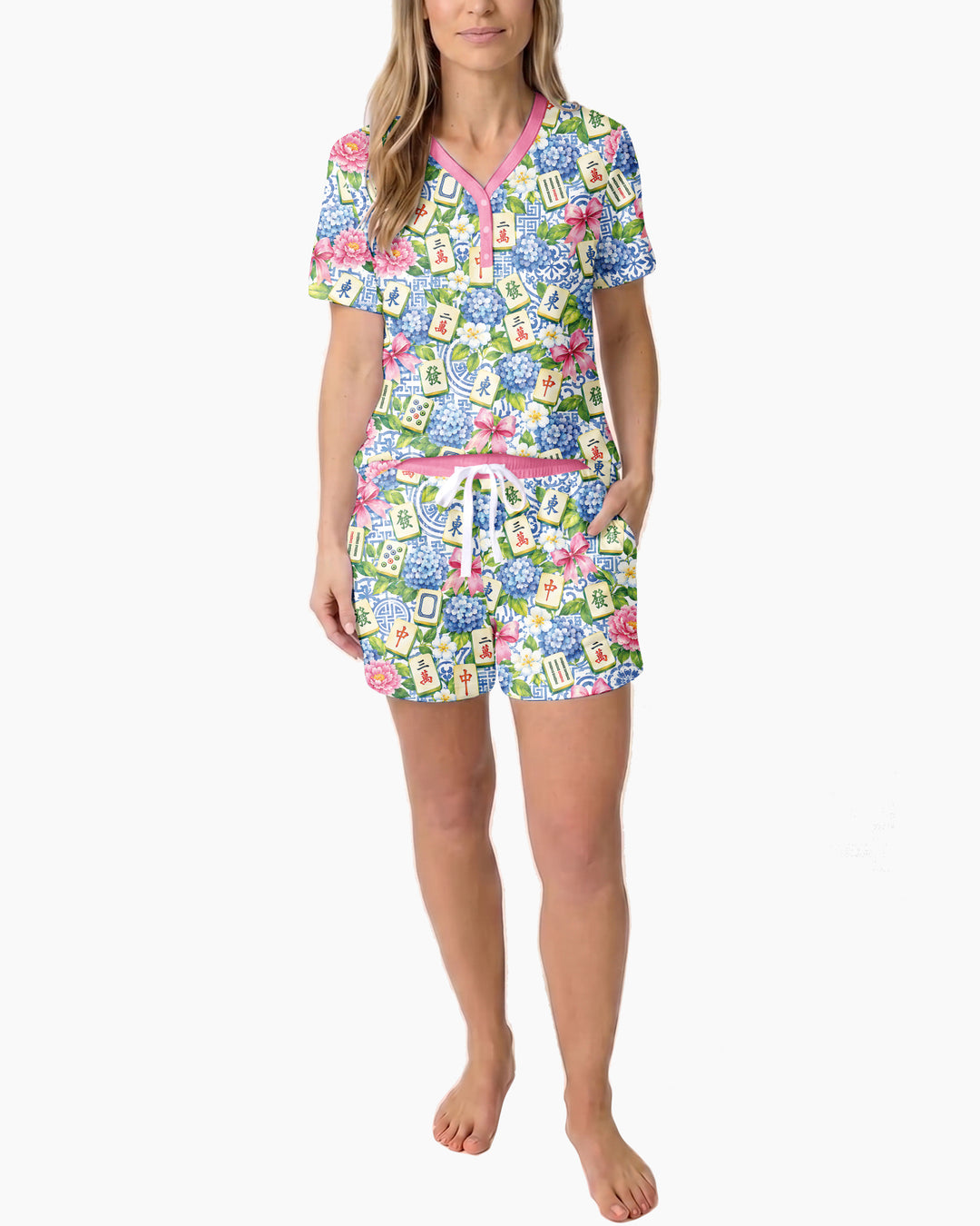 Mahjong in Bloom Bamboo Women Short Sleeve Short Pajama Set