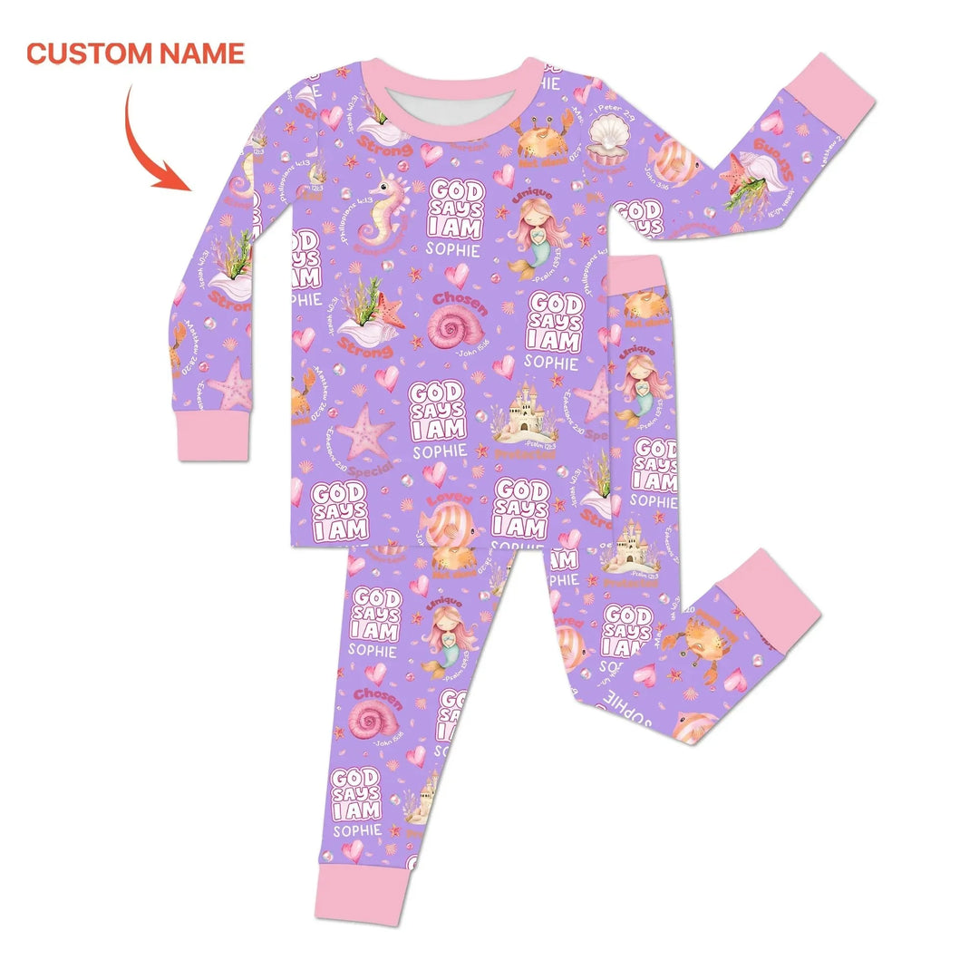 Mermaid God Says I Am Custom Name Two Piece Long Sleeve Pajama Set , Mermaid God Says I Am Custom Name Two Piece Long Sleeve Pajama Set - 12-18M