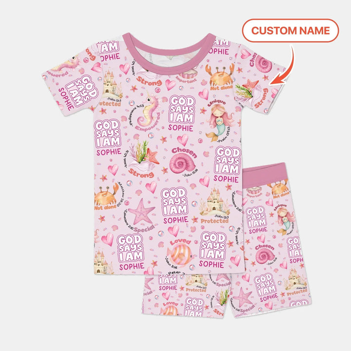 Mermaid God Says I Am Custom Name Two Piece Short Sleeve Shorts Pajama Set , Mermaid God Says I Am Custom Name Two Piece Short Sleeve Shorts Pajama Set - 12-18M
