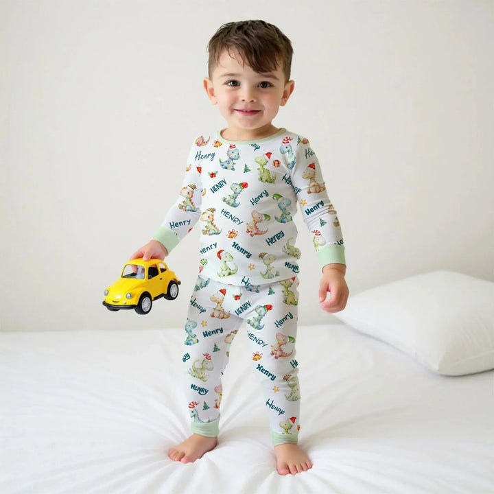 Merry Christmas Dinosaur Custom Name Two Piece Long Sleeve Pajama Set , Merry Christmas Dinosaur Custom Name Two Piece Long Sleeve Pajama Set - 12-18M