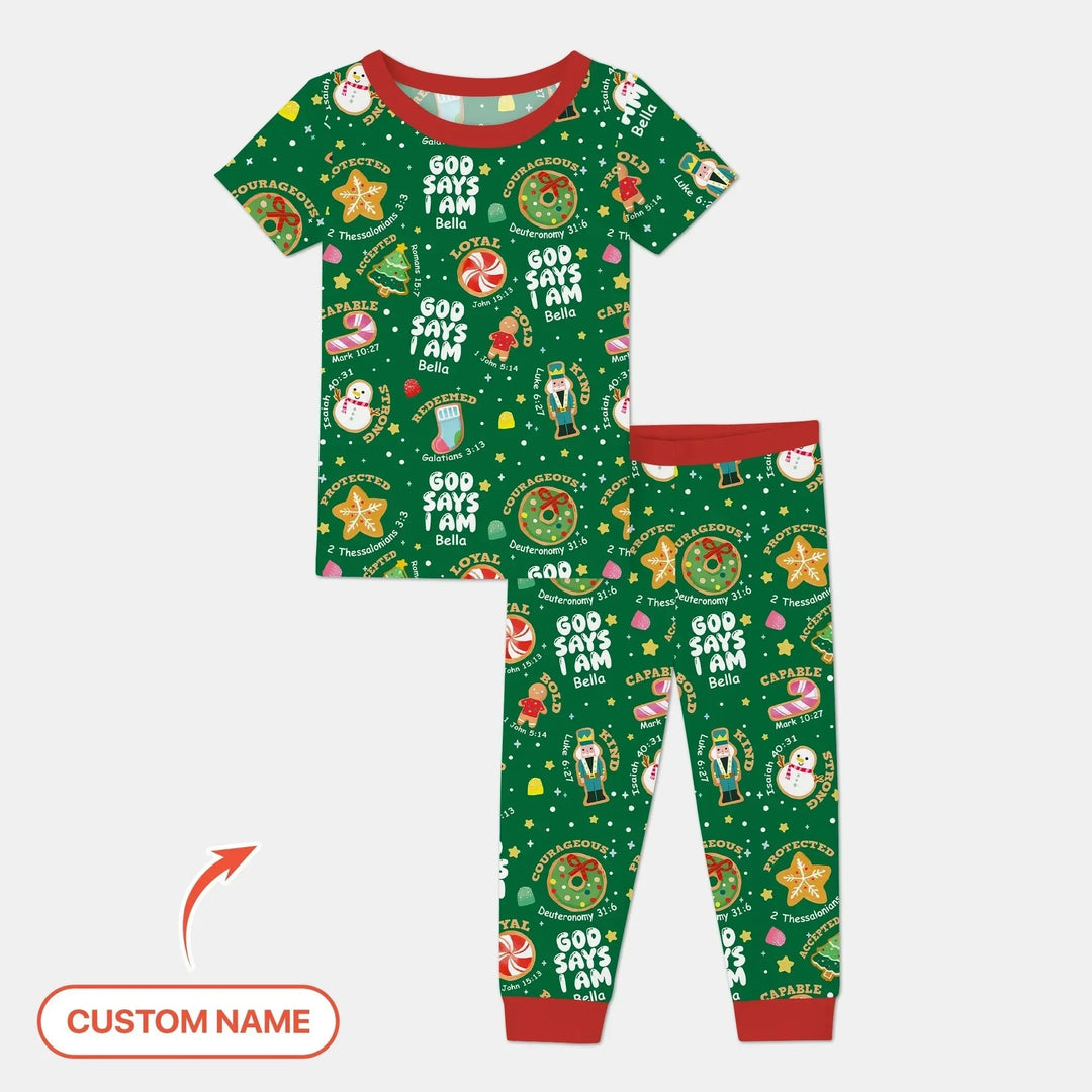Merry Christmas God Says I Am Custom Name Two Piece Short Sleeve Pajama Set , Merry Christmas God Says I Am Custom Name Two Piece Short Sleeve Pajama Set - 12-18M