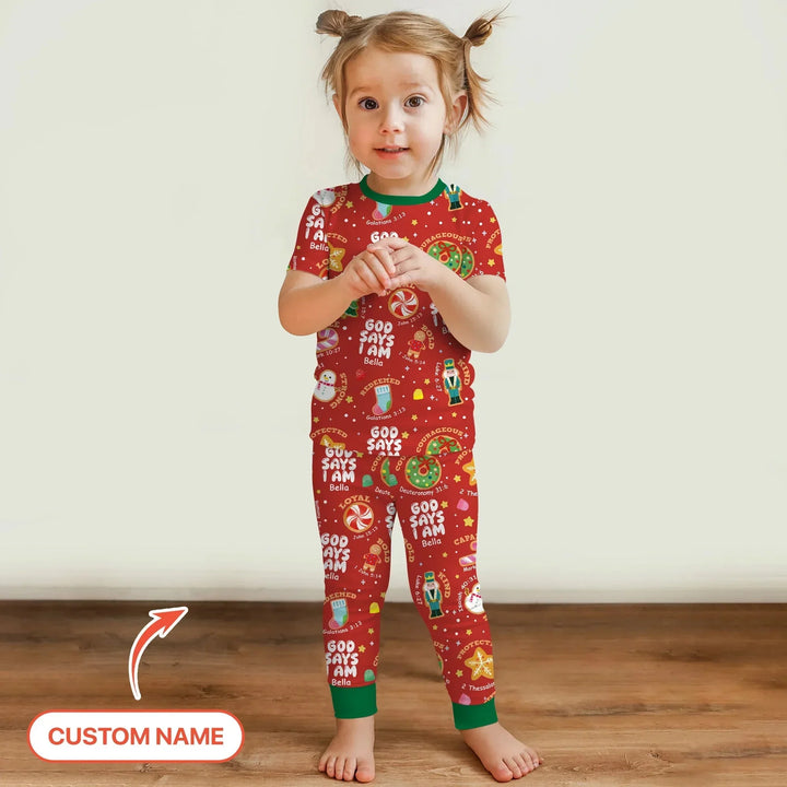 Merry Christmas God Says I Am Custom Name Two Piece Short Sleeve Pajama Set , Merry Christmas God Says I Am Custom Name Two Piece Short Sleeve Pajama Set - 12-18M