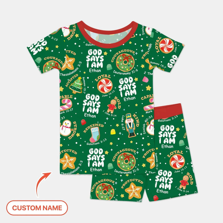 Merry Christmas God Says I Am Custom Name Two Piece Short Sleeve Shorts Pajama Set , Merry Christmas God Says I Am Custom Name Two Piece Short Sleeve Shorts Pajama Set - 4T