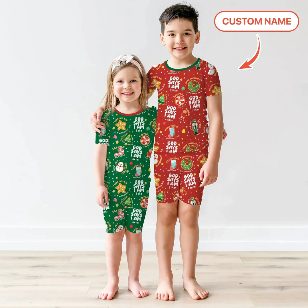 Merry Christmas God Says I Am Custom Name Two Piece Short Sleeve Shorts Pajama Set , Merry Christmas God Says I Am Custom Name Two Piece Short Sleeve Shorts Pajama Set - 12-18M