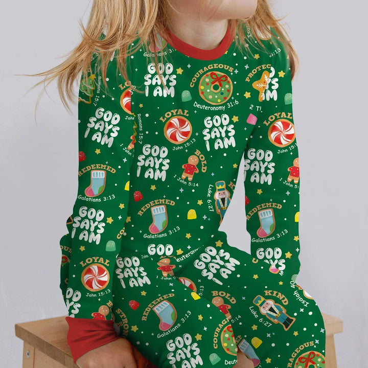 Merry Christmas God Says I Am Two Piece Long Sleeve Pajama Set - Zumbamboo , Merry Christmas God Says I Am Two Piece Long Sleeve Pajama Set - Zumbamboo - 12-18M / Green