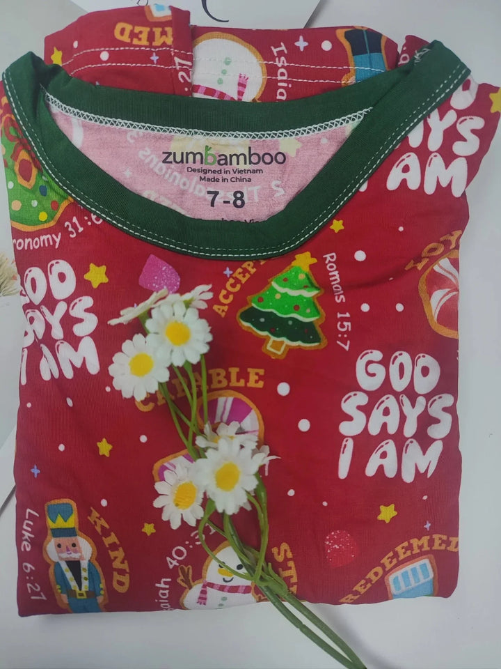Merry Christmas God Says I Am Two Piece Long Sleeve Pajama Set - Zumbamboo , Merry Christmas God Says I Am Two Piece Long Sleeve Pajama Set - Zumbamboo - 12-18M / Green
