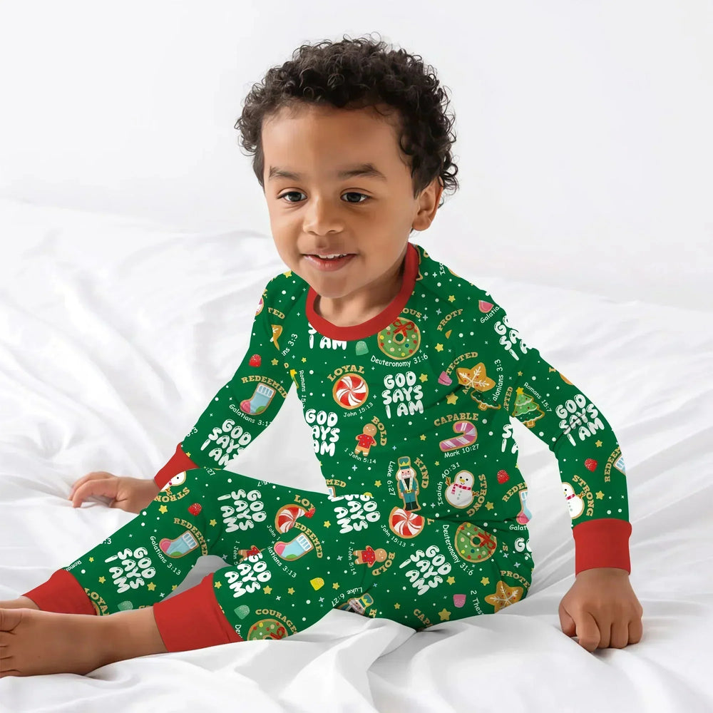 Merry Christmas God Says I Am Two Piece Long Sleeve Pajama Set - Zumbamboo , Merry Christmas God Says I Am Two Piece Long Sleeve Pajama Set - Zumbamboo - 12-18M / Green