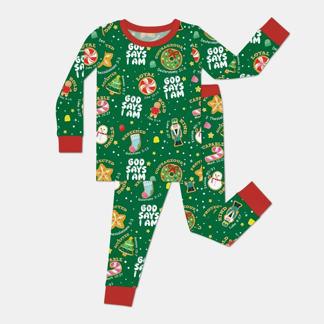 Merry Christmas God Says I Am Two Piece Long Sleeve Pajama Set - Zumbamboo , Merry Christmas God Says I Am Two Piece Long Sleeve Pajama Set - Zumbamboo - 12-18M / Green