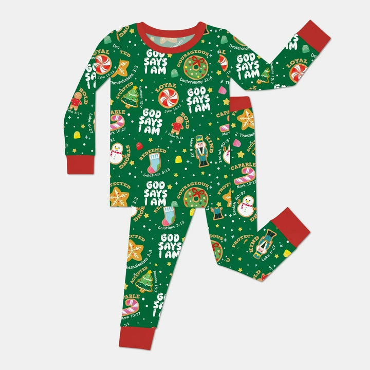 Merry Christmas God Says I Am Two Piece Long Sleeve Pajama Set - Zumbamboo , Merry Christmas God Says I Am Two Piece Long Sleeve Pajama Set - Zumbamboo - 12-18M / Green