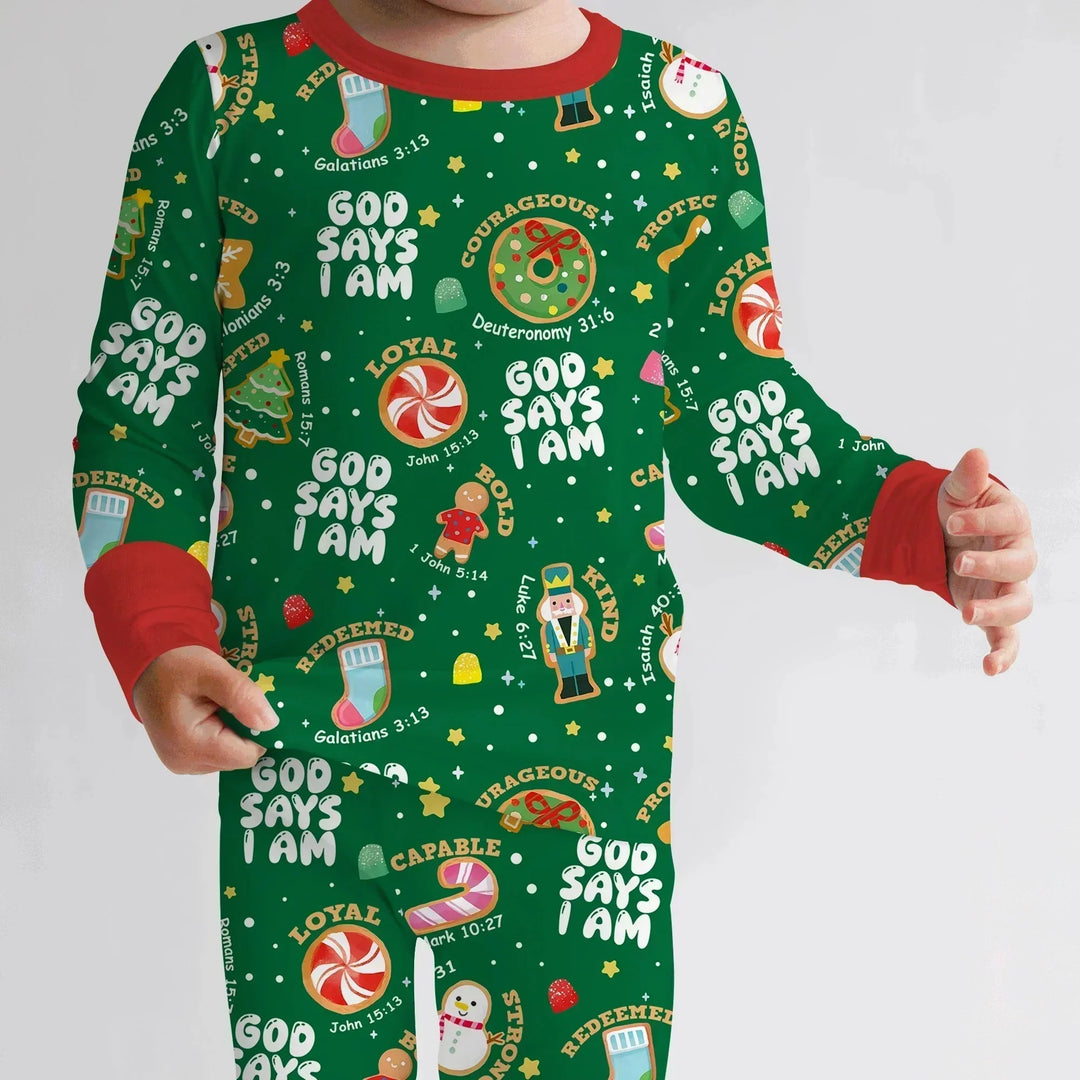 Merry Christmas God Says I Am Two Piece Long Sleeve Pajama Set - Zumbamboo , Merry Christmas God Says I Am Two Piece Long Sleeve Pajama Set - Zumbamboo - 12-18M / Green