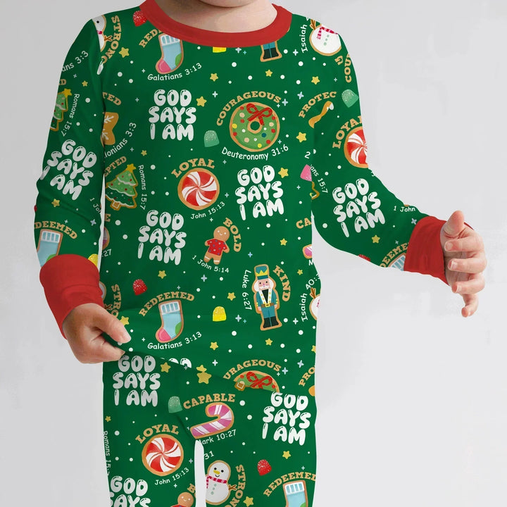 Merry Christmas God Says I Am Two Piece Long Sleeve Pajama Set - Zumbamboo , Merry Christmas God Says I Am Two Piece Long Sleeve Pajama Set - Zumbamboo - 12-18M / Green