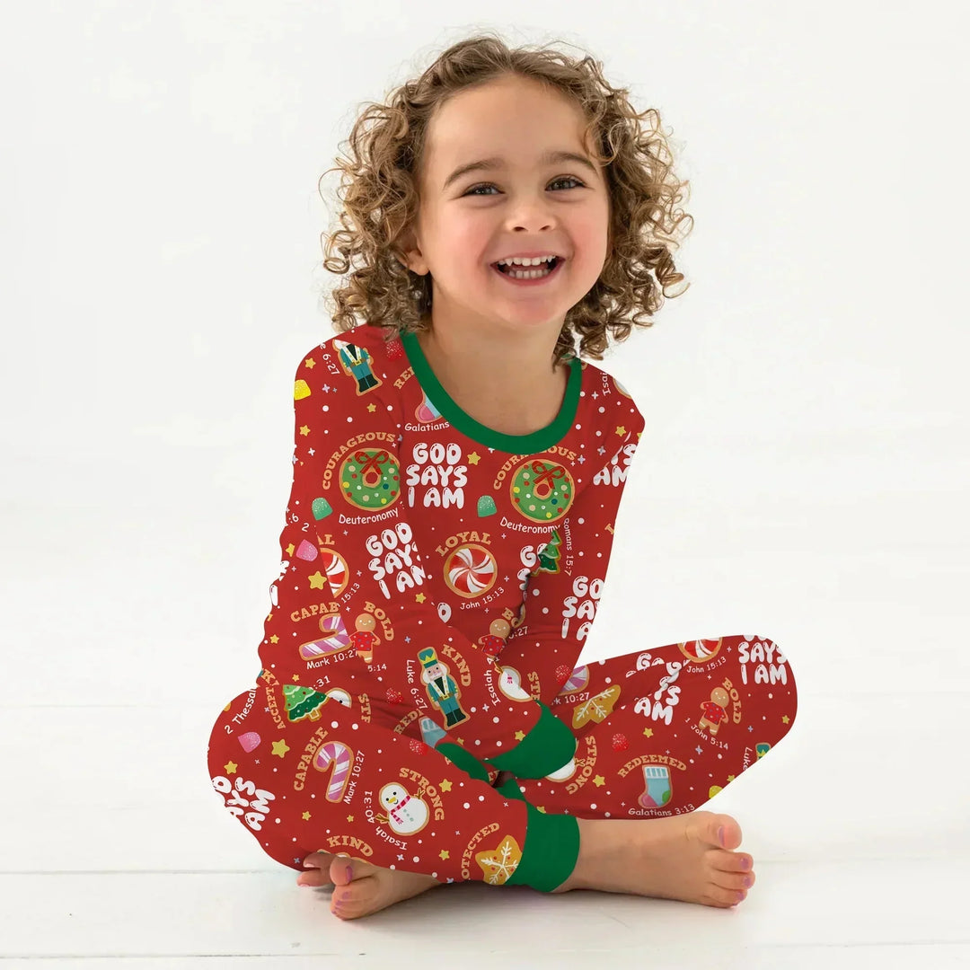 Merry Christmas God Says I Am Two Piece Long Sleeve Pajama Set - Zumbamboo , Merry Christmas God Says I Am Two Piece Long Sleeve Pajama Set - Zumbamboo - 12-18M / Green