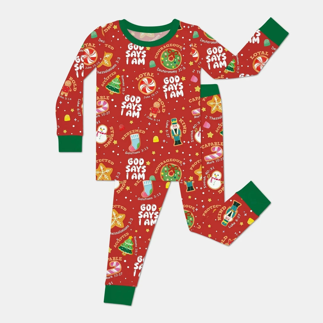 Merry Christmas God Says I Am Two Piece Long Sleeve Pajama Set - Zumbamboo , Merry Christmas God Says I Am Two Piece Long Sleeve Pajama Set - Zumbamboo - 12-18M / Red