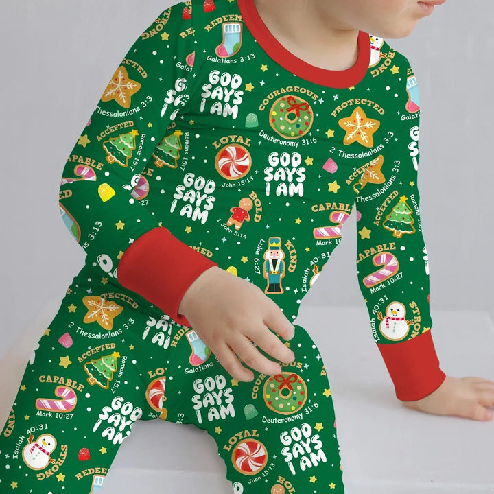 Merry Christmas God Says I Am Two Piece Long Sleeve Pajama Set - Zumbamboo , Merry Christmas God Says I Am Two Piece Long Sleeve Pajama Set - Zumbamboo - 12-18M / Green