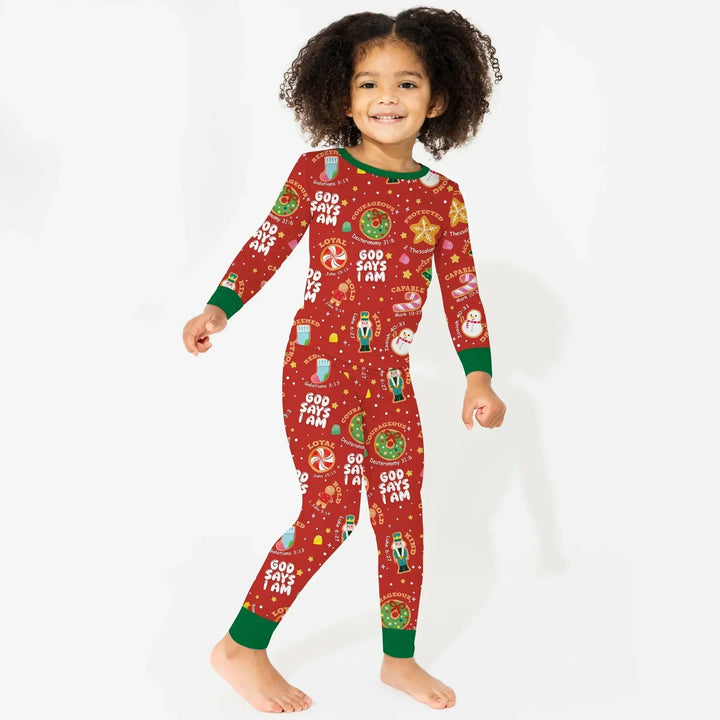 Merry Christmas God Says I Am Two Piece Long Sleeve Pajama Set - Zumbamboo , Merry Christmas God Says I Am Two Piece Long Sleeve Pajama Set - Zumbamboo - 12-18M / Green
