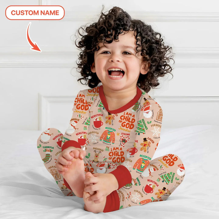 Merry Christmas I Am A Child Of God Custom Name Two Piece Long Sleeve Pajama Set , Merry Christmas I Am A Child Of God Custom Name Two Piece Long Sleeve Pajama Set - 12-18M