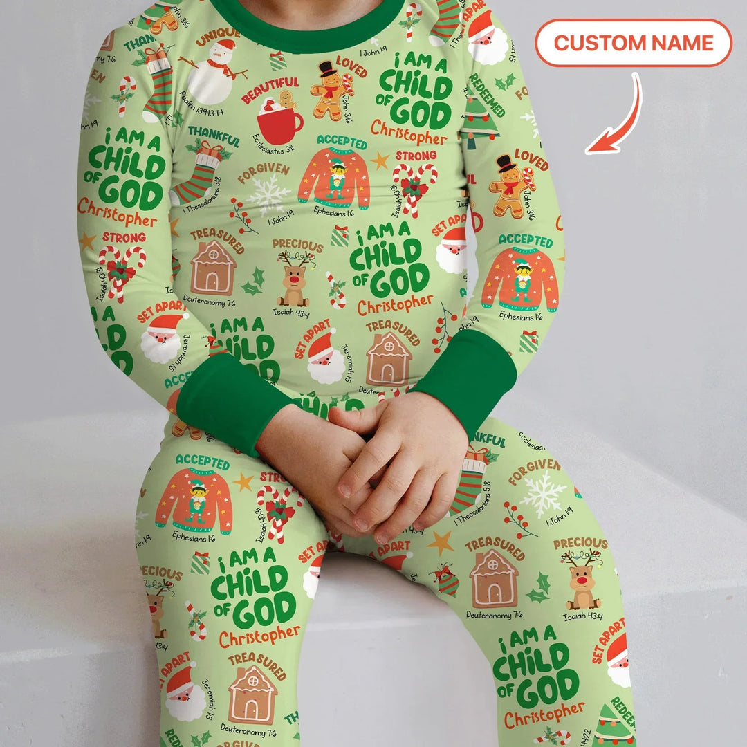 Merry Christmas I Am A Child Of God Custom Name Two Piece Long Sleeve Pajama Set , Merry Christmas I Am A Child Of God Custom Name Two Piece Long Sleeve Pajama Set - 12-18M