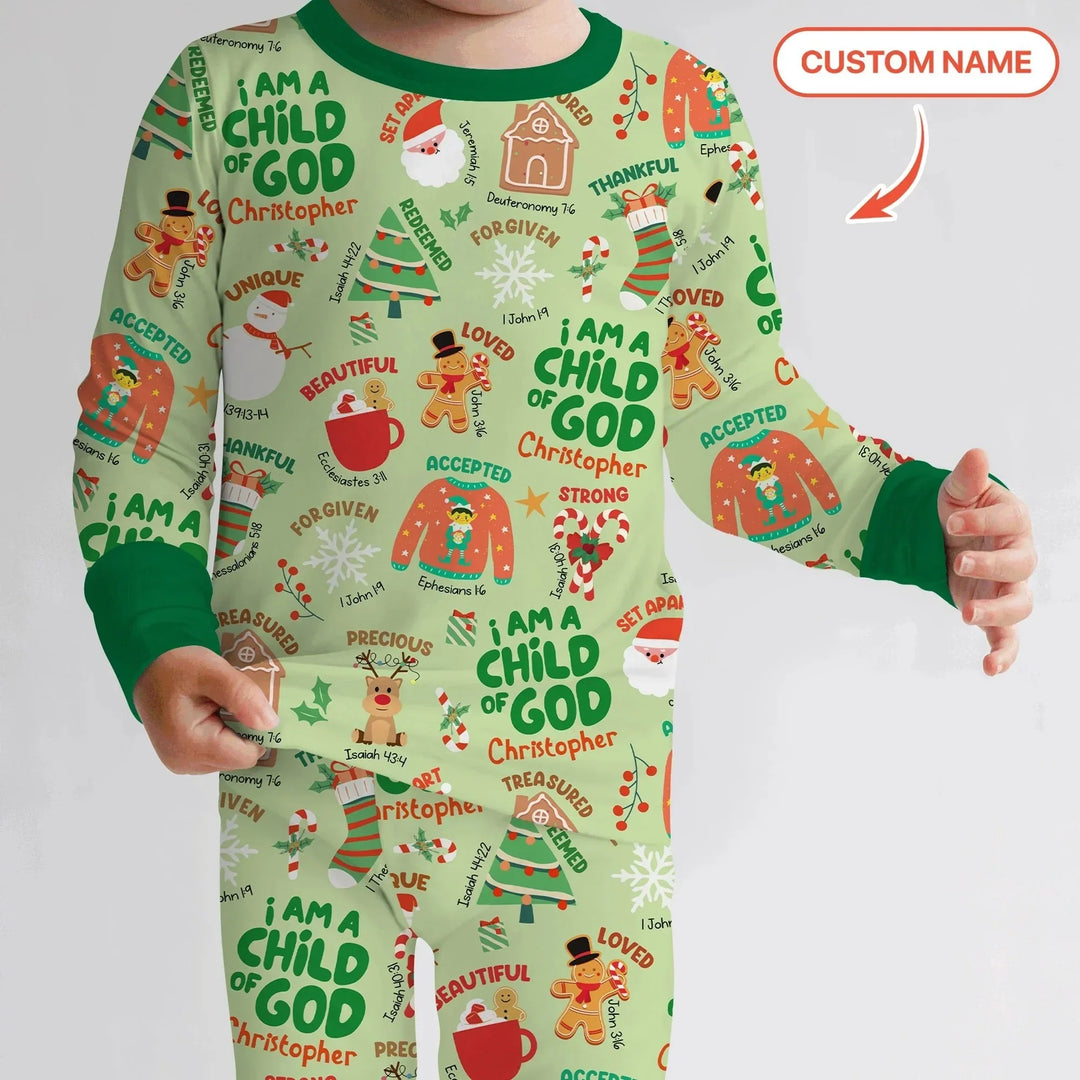 Merry Christmas I Am A Child Of God Custom Name Two Piece Long Sleeve Pajama Set , Merry Christmas I Am A Child Of God Custom Name Two Piece Long Sleeve Pajama Set - 12-18M